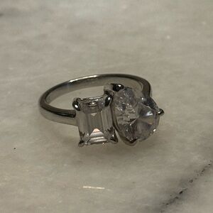 Clear Crystal Two-Stone Silver Ring - Women's Fashion Band